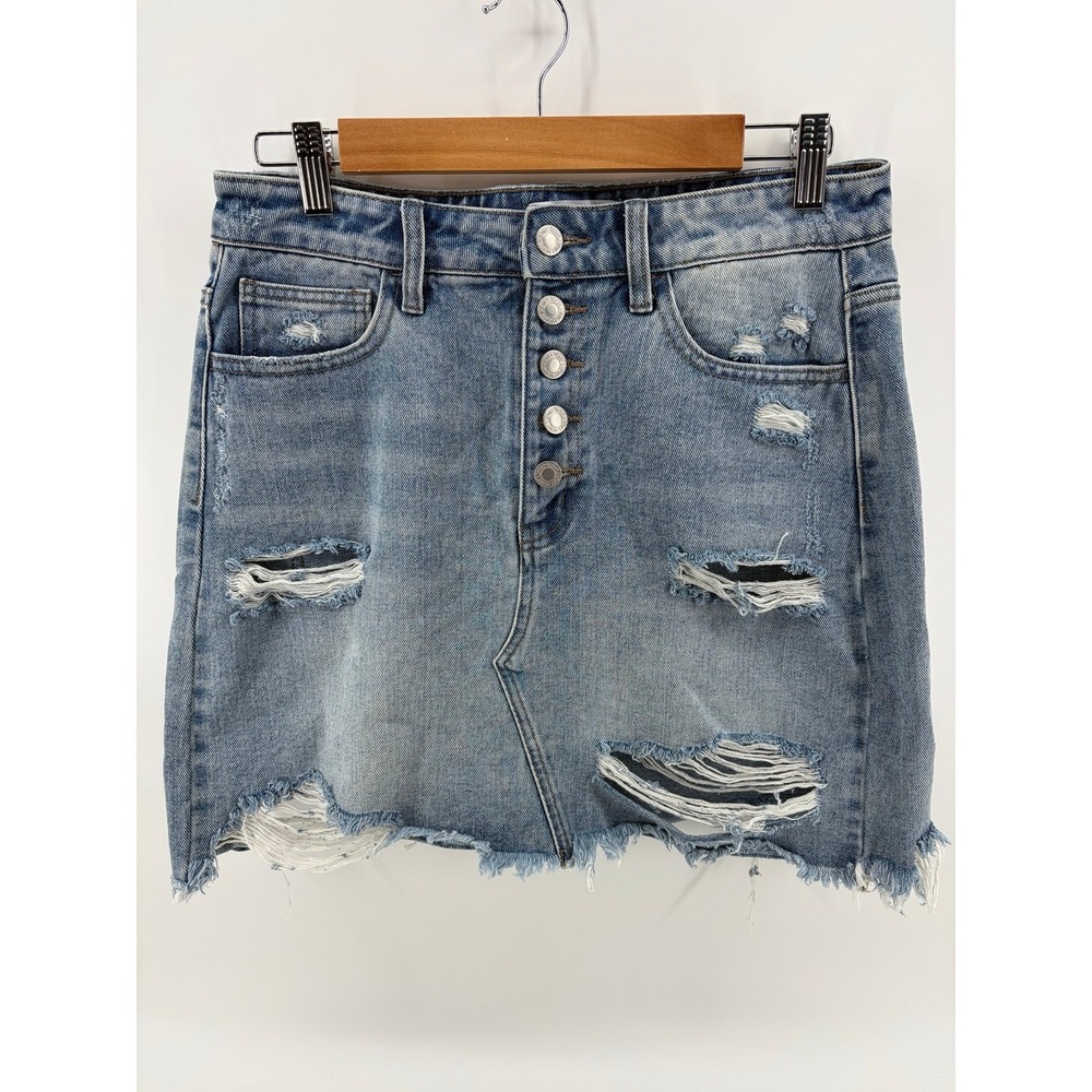 Vervet, Distressed Denim Mini Skirt, Button Fly, Raw Hem, Women's Size Medium